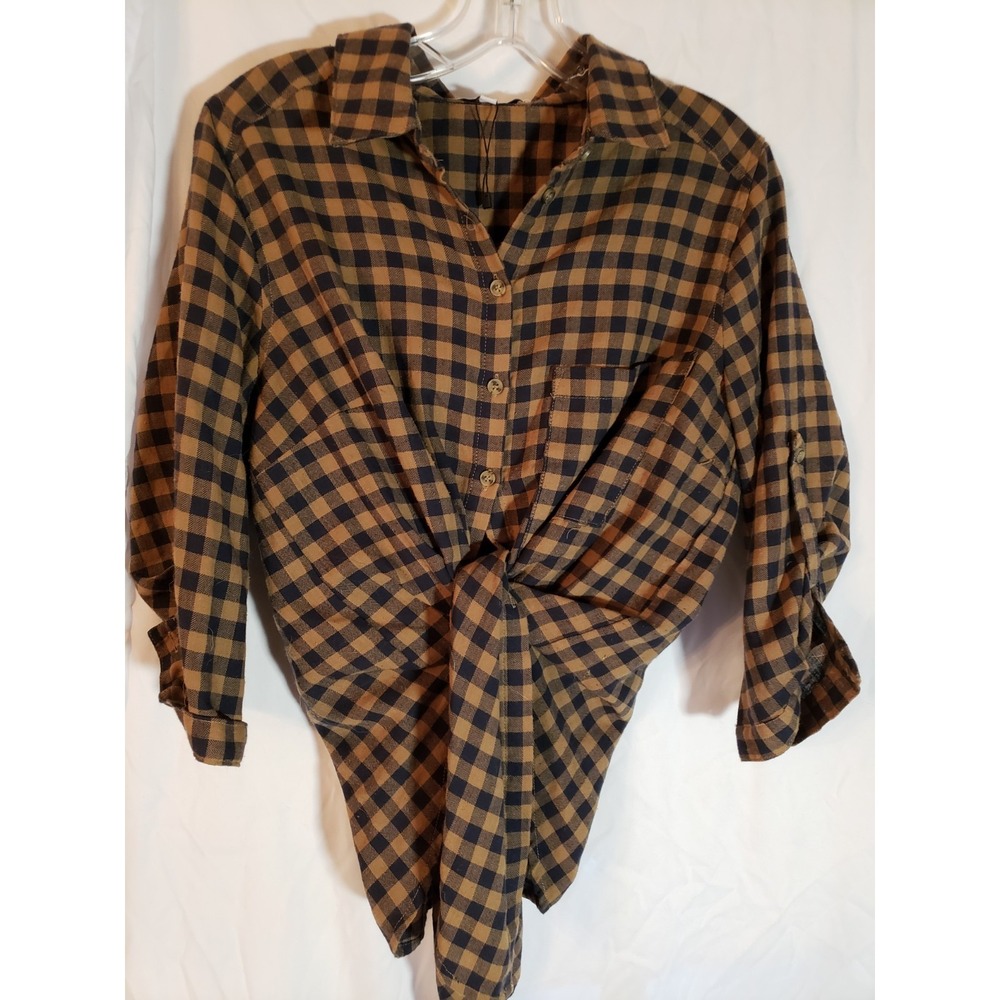 Women's Lost + Wander Brown Plaid Flannel Tie Front Shirt Size M